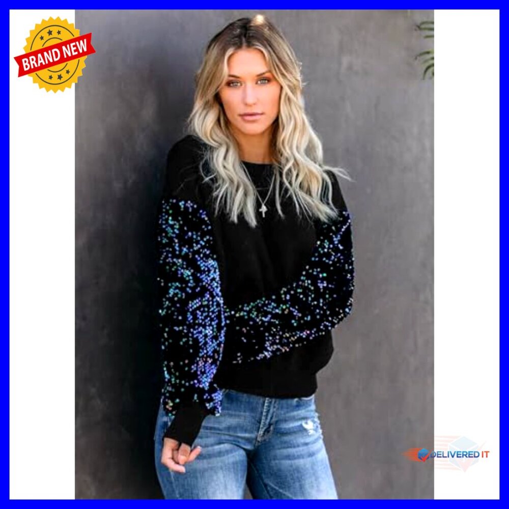 Sequin Patchwork Pullover Sweater Long Sleeve Cre… - image 4